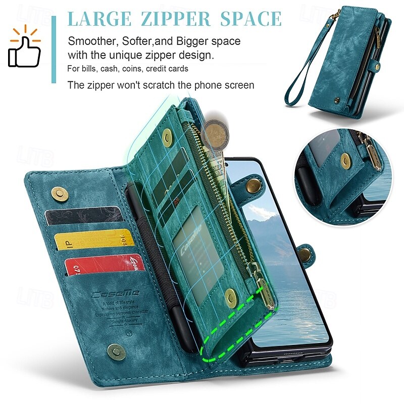 Phone Case For Samsung Galaxy Z Fold 6 Z Fold 5 Z Fold 4 Wallet Case with Stand Holder Zipper with Wrist Strap Retro TPU PU Leather3