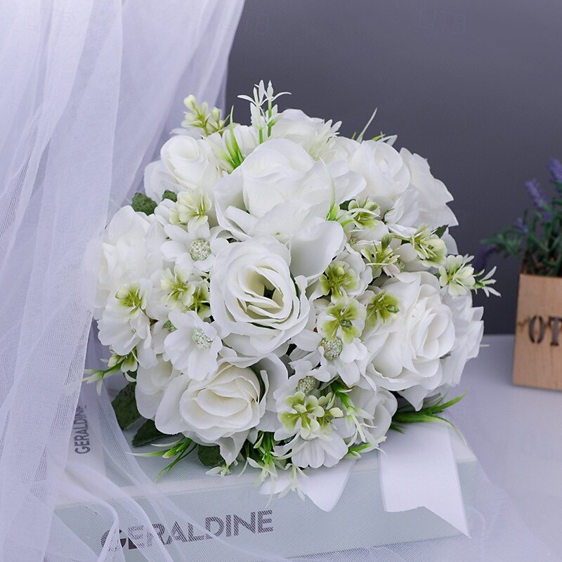 Wedding Bouquets for Bride, Artificial Silk Flower White Faux Plastic Bridal Bouquet, Decorative Floral Arrangement for Wedding Photography Props2