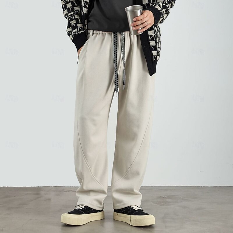 Men's Wide Leg Sweatpants Active Pants Elastic Waist Woven Solid Color Geometric Full Length Outdoor Casual Daily Sports Fashion Navy Blue Beige Micro-elastic