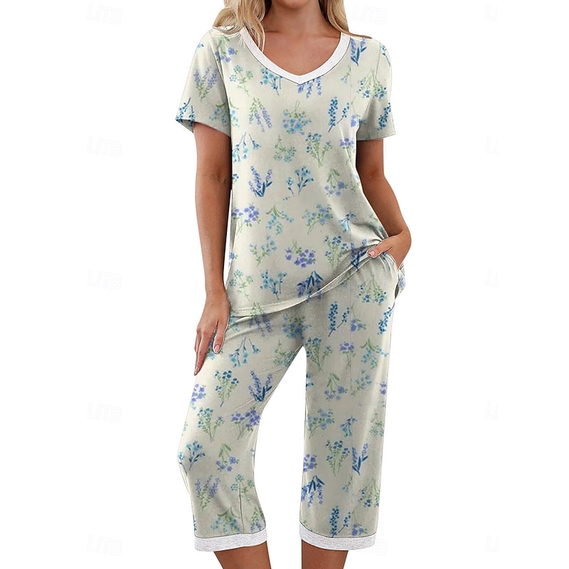 Women's Loungewear Pajama Set Casual Comfort Graphic Elastic Waist T Shirt Pant Home Daily Long Sleeve Crew Neck Purple Green Gray Fall Winter