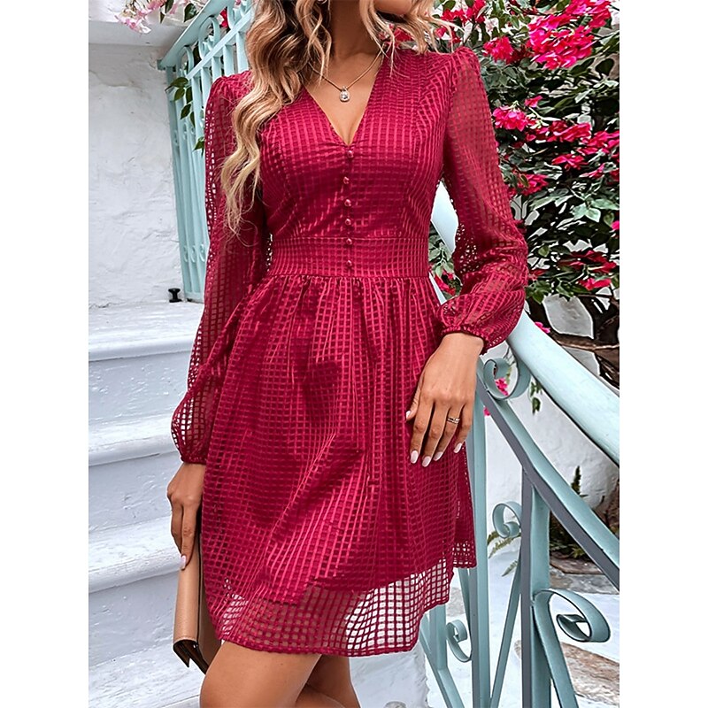 Women's Plaid V Neck Mini Dress Long Sleeve Summer Spring4