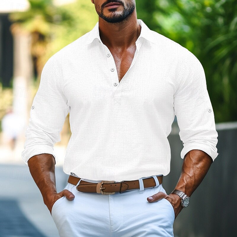 Men's Shirt Linen Shirt Summer Shirt Plain Casual Daily Black White Blue Green Long Sleeve Collar Spring & Summer Clothing Apparel