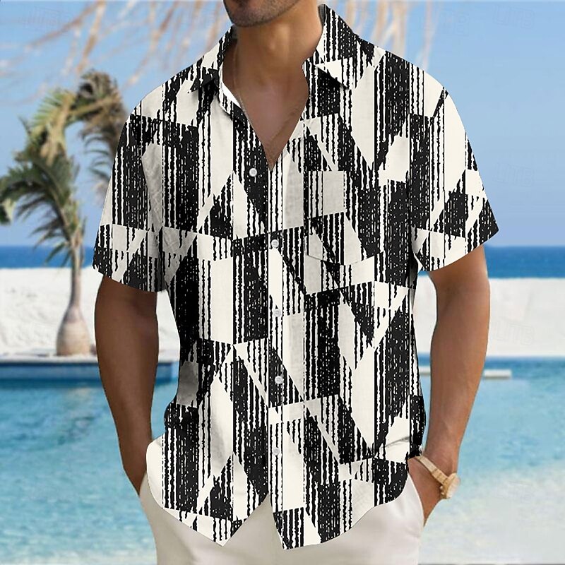 Men's Geometric Casual Shirt Button Up Shirt Short Sleeve Casual Resort Causal Casual Summer Spring Turndown Button Up White+Black