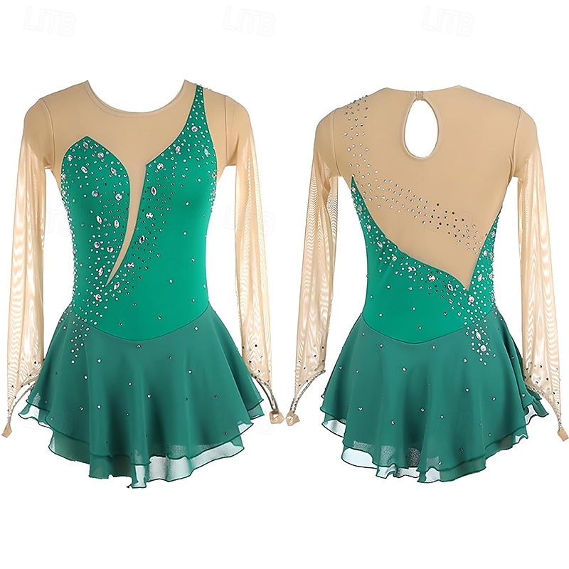 Figure Skating Dress Women's Girls' Ice Skating Dress Green High Elasticity Training Competition Skating Wear Classic Crystal / Rhinestone Long Sleeve Ice Skating Figure Skating - Main Image