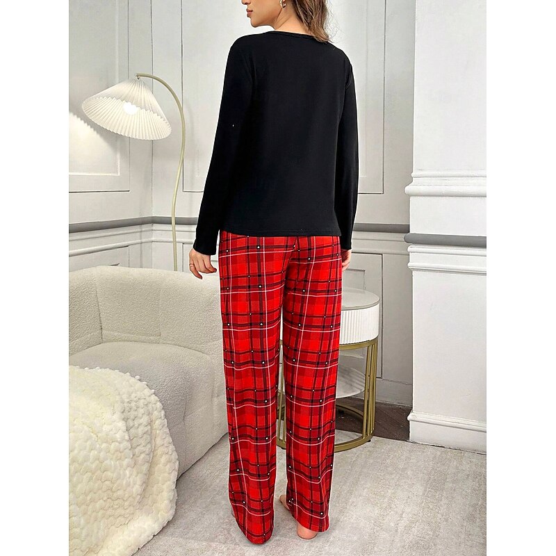 Women's Pajama Set Casual Comfort Comfrt Heart T Shirt Pant Home Long Sleeve Crew Neck Red Spring Fall Winter2