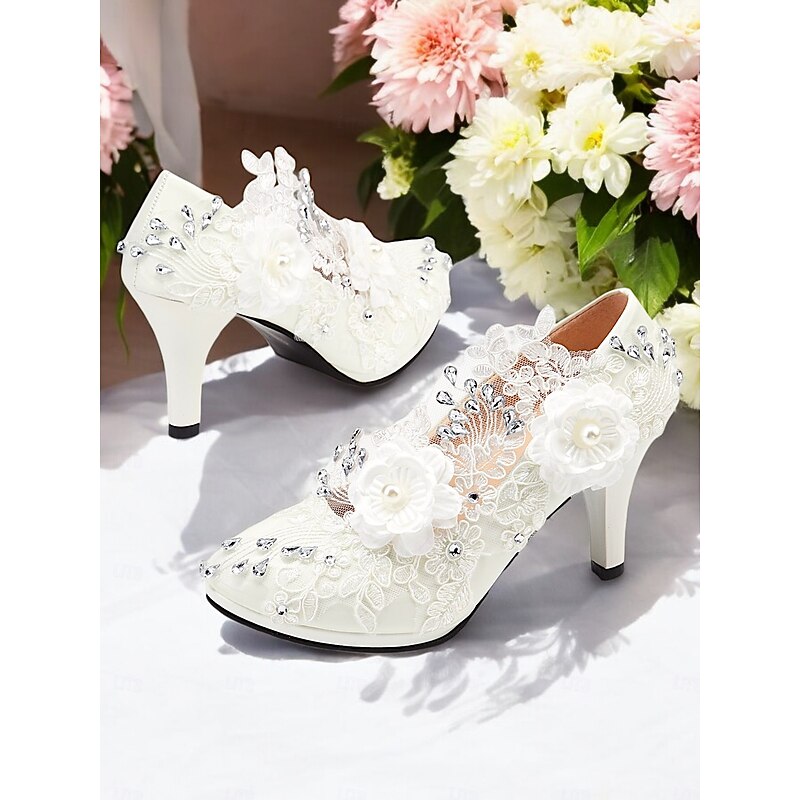 Women's White Lace Wedding Heels – Rhinestone Embellished Floral Design Bridal Shoes for Elegant Occasions2