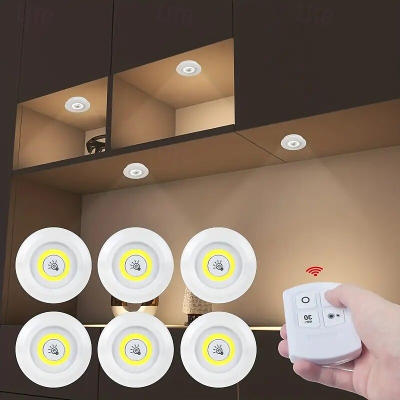 6 PCS Under Cabinet Lighting, LED Puck Under Cabinet Lighting Kit,  Dimmable with Remote Control, LED Puck Lights, for Kitchen Bedroom Wardrobe