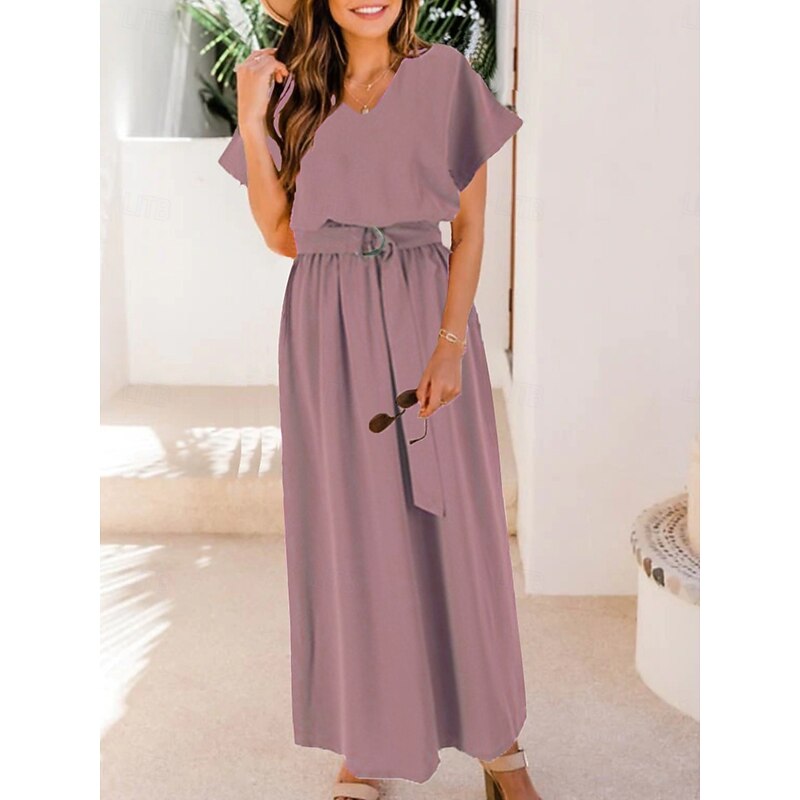 Women's Maxi Dress Black Dress Cocktail Dress Swing Dress Formal Dress Elegant Stylish Casual Vacation Daily Loose Fit Plain Short Sleeve V Neck Black Pink Navy Blue Summer2