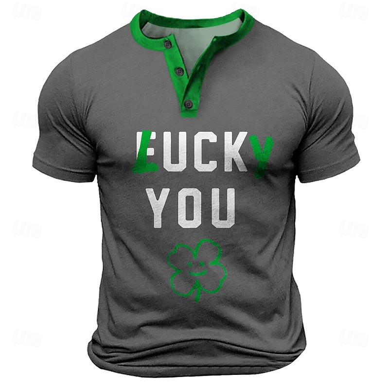 Men's St. Patrick Funny "LUCKY YOU" T Shirt Henley Shirt Short Sleeve Designer Retro Vintage Street Casual Daily Summer Spring Black Gray Green Henley Henley T-Shirt2