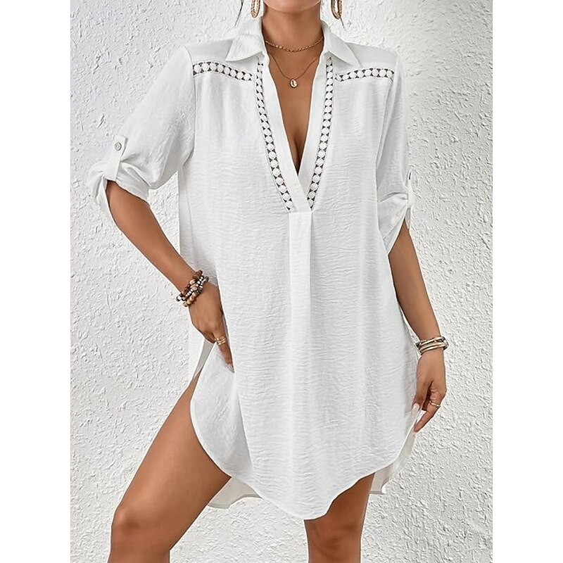 Women's Swimwear Cover Up Beach Dresses Swimsuit Vacation Beach Wear Solid Color Long Sleeve3