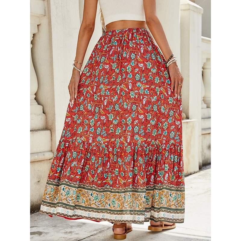 Women's Skirt A Line Swing Bohemia Fashion Casual Maxi High Waist Skirts Floral Print Micro-elastic Street Daily Red Navy Blue Green Summer Polyester2
