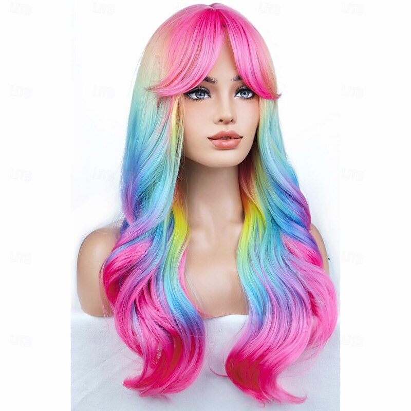Rainbow Ombre Wigs Long Wavy Wig for Women with Bangs Colorful Ombre Costume Curly Heat Resistant Synthetic Hair Wigs for Carnival3