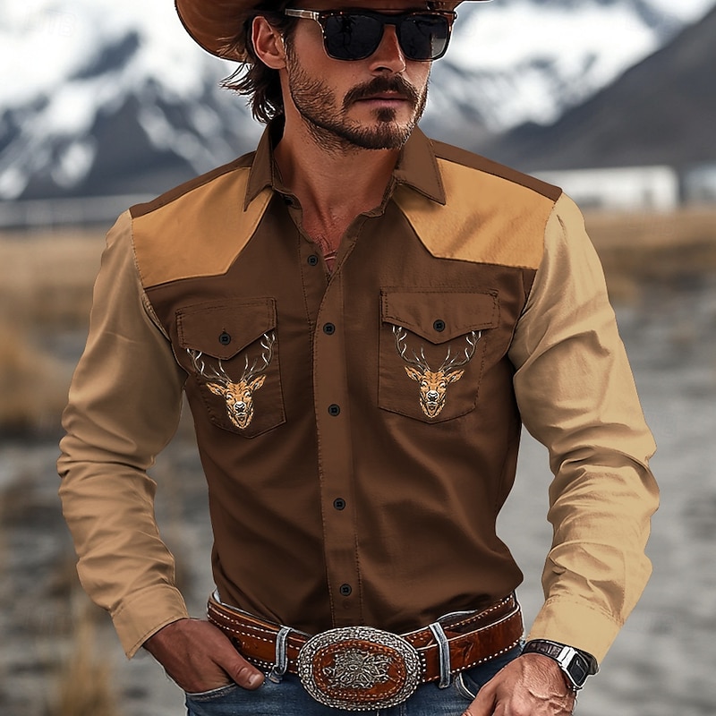 Men's Cow Western Shirt Cowboy Shirt Long Sleeve Western Casual Spring Fall Turndown Button Up Black Brown4
