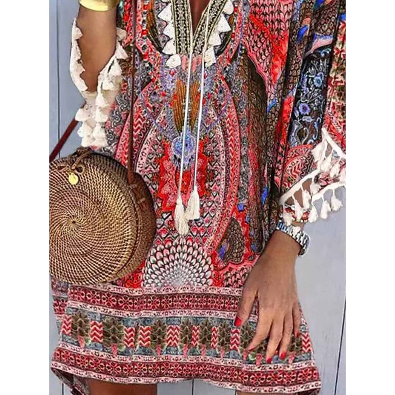 Women's Mini Dress Petite Dress Casual Dress Boho Dress Stylish Casual Vacation Daily Regular Fit Floral 3/4 Length Sleeve V Neck Red Summer Spring3