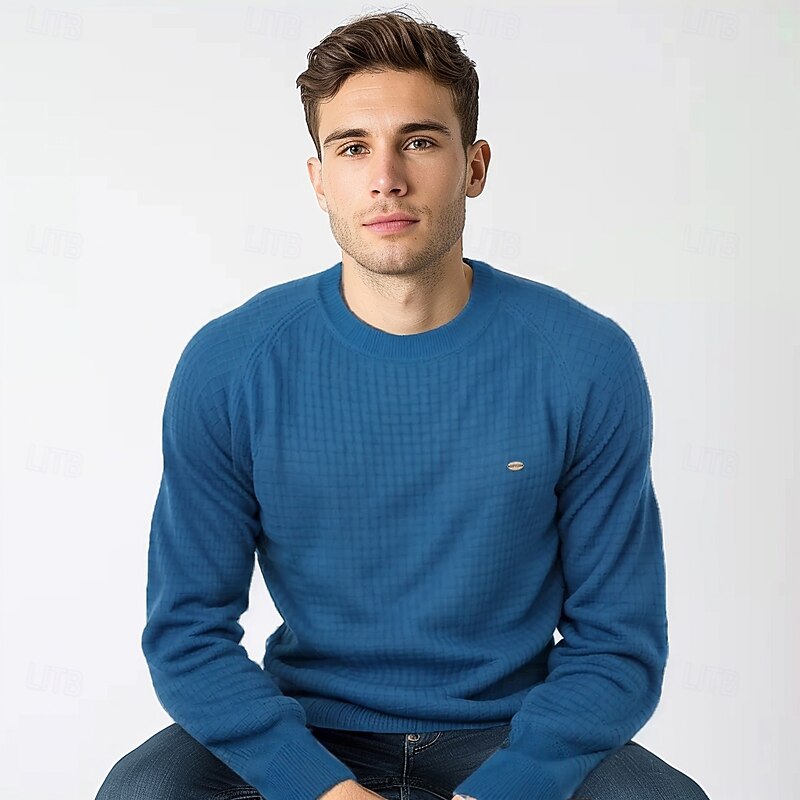 Men's Sweater Pullover Sweater Jumper Knitwear Ribbed Knit Regular Tops Plaid Crew Neck Knitwear Neutral Outdoor Casual Daily Clothing Apparel Spring &  Fall Navy Blue Blue S M L2