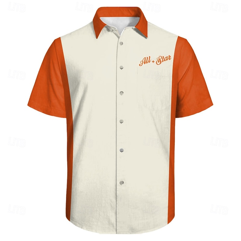 Men's Letter Vintage Bowling Shirt Button Up Shirt Short Sleeve Fashion Casual Casual Summer Spring Turndown Button Up Pocket Orange