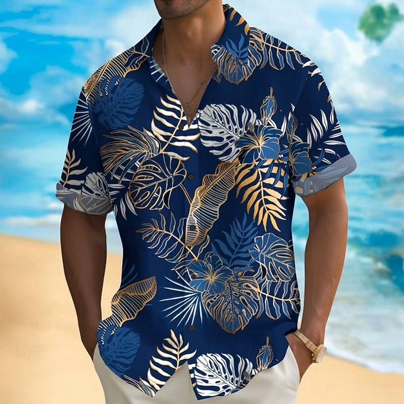 Men's Palm Leaf Casual Shirt Summer Hawaiian Shirt Aloha Shirt Short Sleeve Hawaiian Resort Vacation Casual Summer Spring Turndown Button Up Blue Green