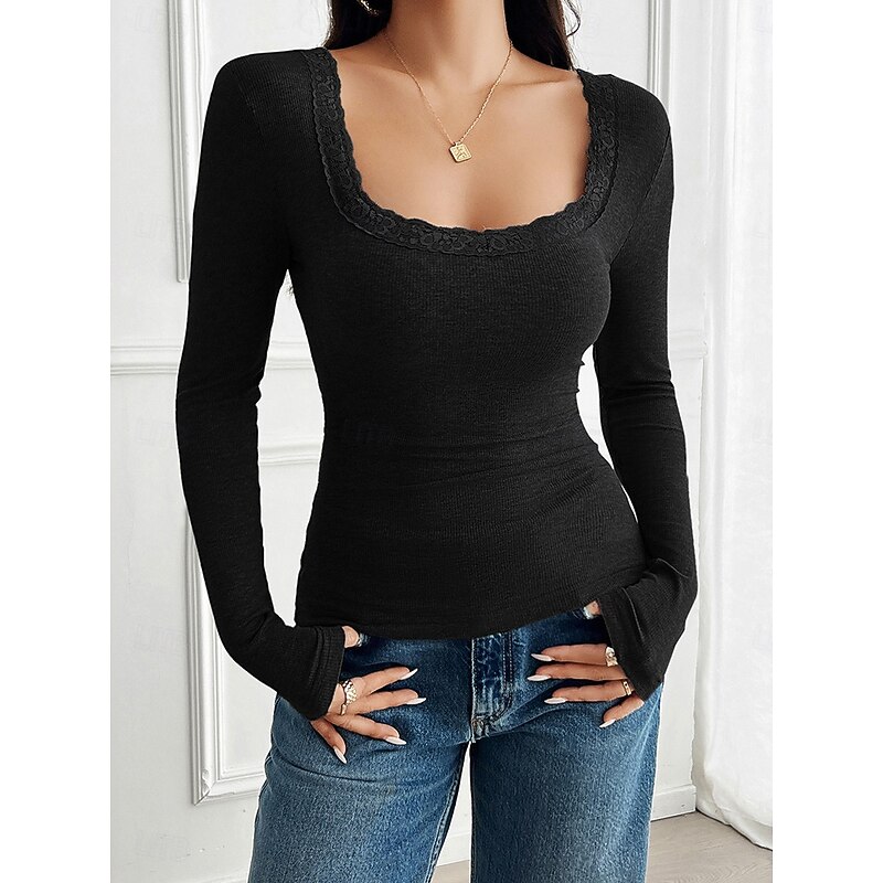 Women's Shirt Blouse Solid Color Basic Casual Long Sleeve U Neck Regular Tops Daily Lace Patchwork Black White Gray Summer Spring2