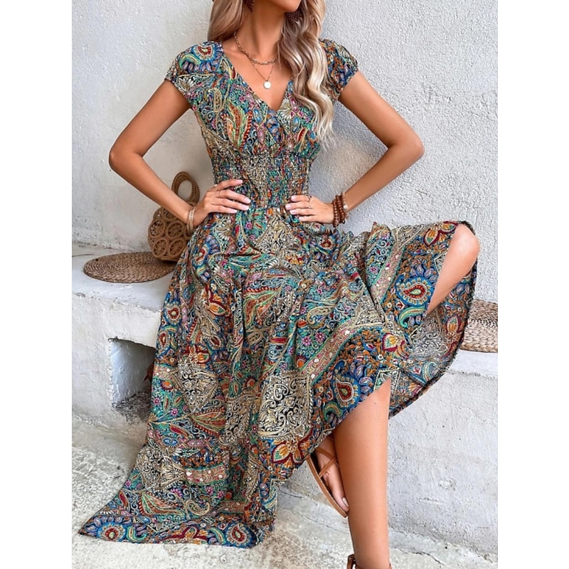 Women's Maxi Dress Casual Dress Swing Dress A Line Dress Boho Dress Bohemia Ethnic Casual Daily Regular Fit Paisley Short Sleeve V Neck Blue Summer Spring
