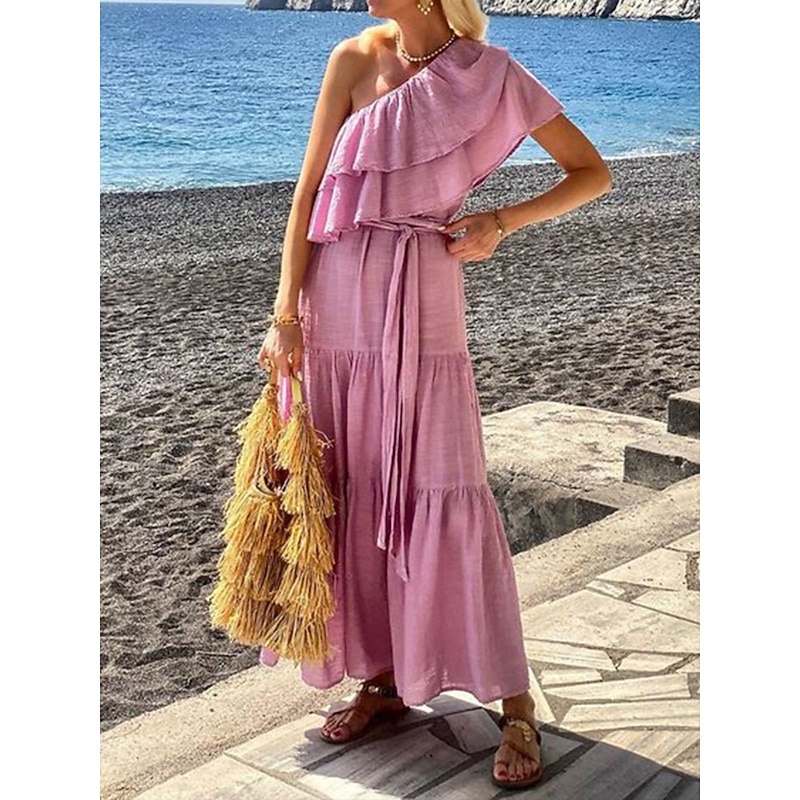 Women's Casual Dress Mini Dress Ruffle Casual One Shoulder Short Sleeve Pink Blue Color