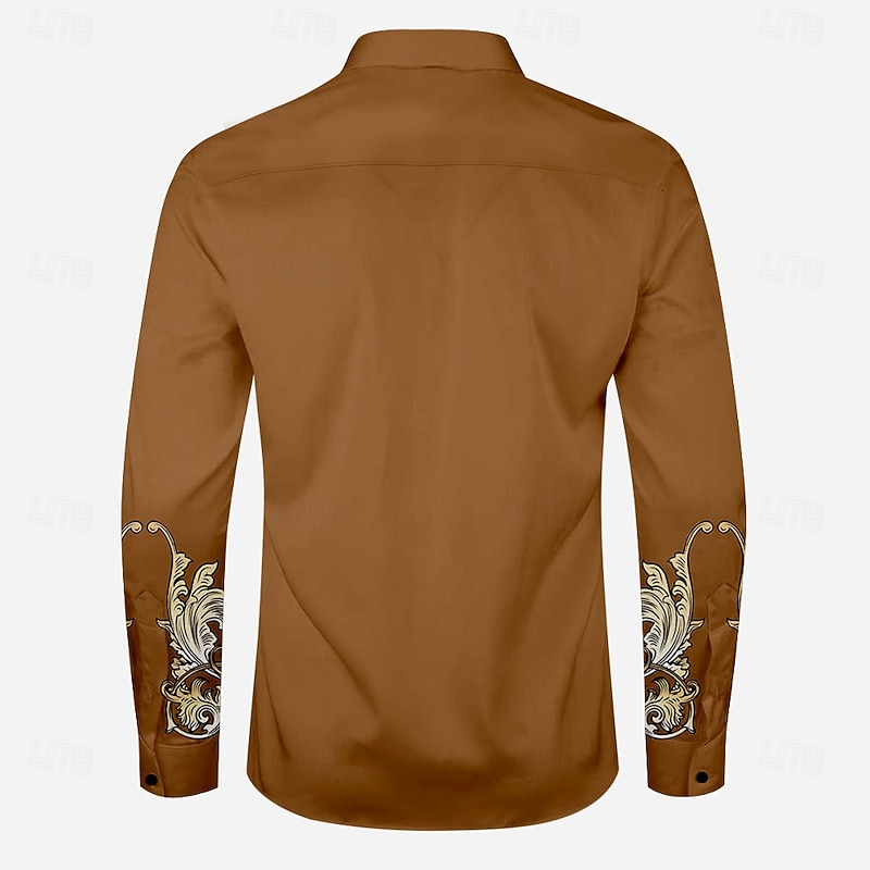 Men's Florals Western Shirt Cowboy Shirt Long Sleeve Western Casual Turndown Button Up Brown2