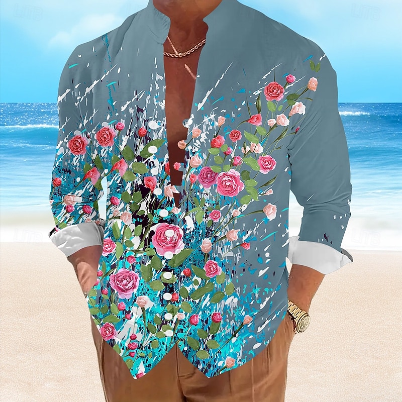 Valentine's Day Men's Floral Casual Shirt Button Up Shirt Long Sleeve Resort Vacation Casual Summer Spring V Neck Button Up White Pink Blue Green3