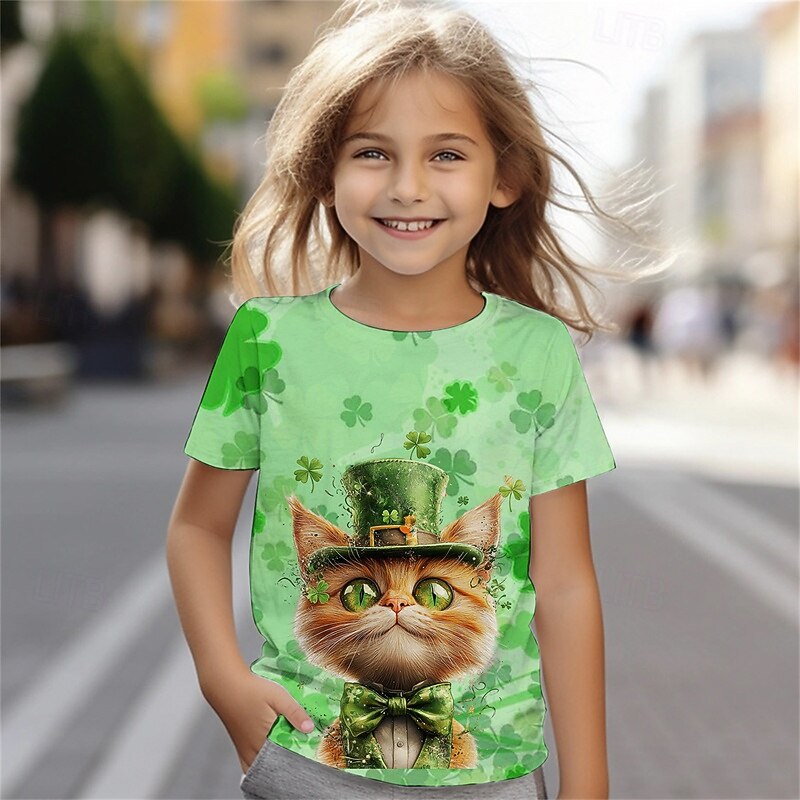 St. Patrick Girls' 3D Graphic Cat Four Leaf Clover T shirt Tee Short Sleeve Summer Spring Fashion Basic Kids 4-12 Years Crew Neck Outdoor Casual Daily Regular Fit3