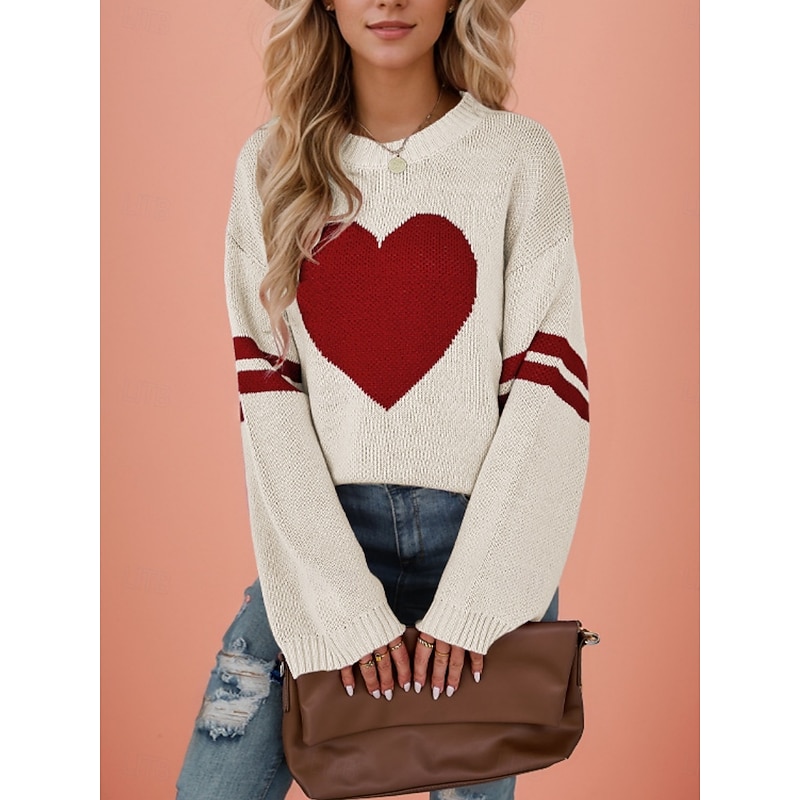 Women's Valentine Sweater Casual Soft Heart Ribbed Crew Neck Knitted Long Sleeve Regular Tops Knit Outdoor Daily Valentine Black White Fall Winter