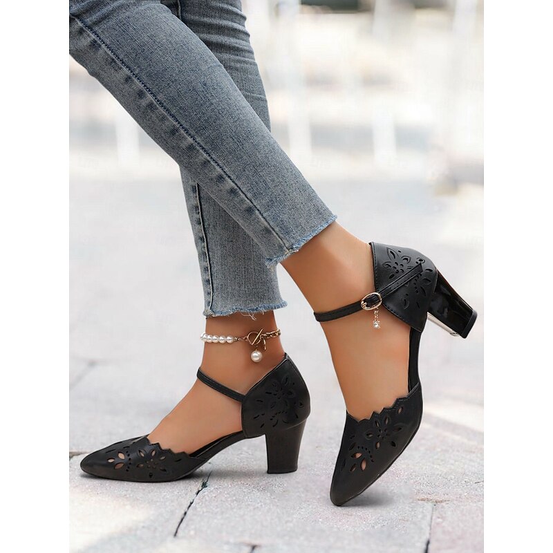 Women's Black Floral Cut-Out Chunky Heel Pumps with Ankle Strap - Elegant Dress Shoes for Work, Weddings and Parties3