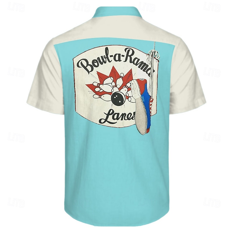Men's Letter Bowling Shirt Button Up Shirt Short Sleeve Casual Casual Summer Spring Turndown Button Up Pocket Blue2