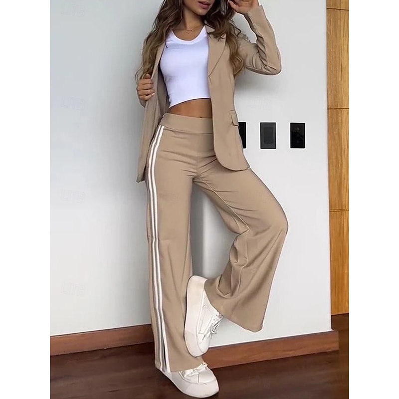 Women's Daily Blazer Wide Leg Pants Long Sleeve Shirt Collar Striped Patchwork Black White Khaki Spring &  Fall Regular Fit