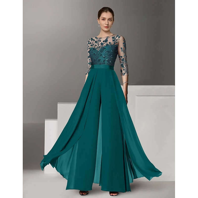 Jumpsuits Mother of the Bride  Beach Wedding Elegant Illusion Neck Floor Length Stretch Chiffon 3/4 Length Sleeve with Lace Solid Color