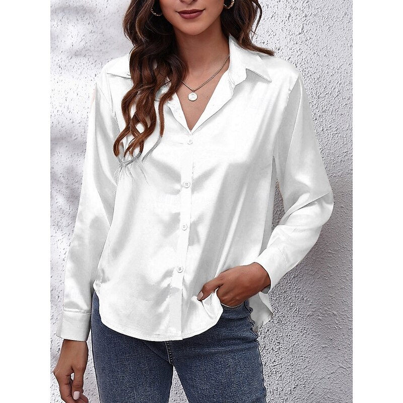 Women's Shirt Blouse Solid Color Basic Casual Long Sleeve V Neck Regular Tops Daily Buttons White Red Beige Summer Spring Fall