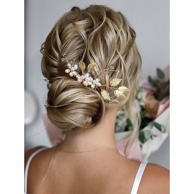 Gold and Silver Leaf Bridal Hair Accessory Set with Faux Pearls and Crystals – Elegant Hairpins and Comb for Women, Perfect for Weddings and Special Occasions3