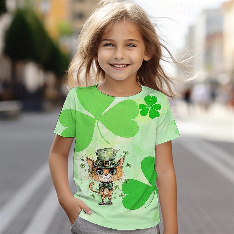 St. Patrick Boys 3D Graphic Cat T shirt Tee Short Sleeve Summer Spring Fashion Basic Kids 4-12 Years Crew Neck Outdoor Casual Daily Regular Fit4