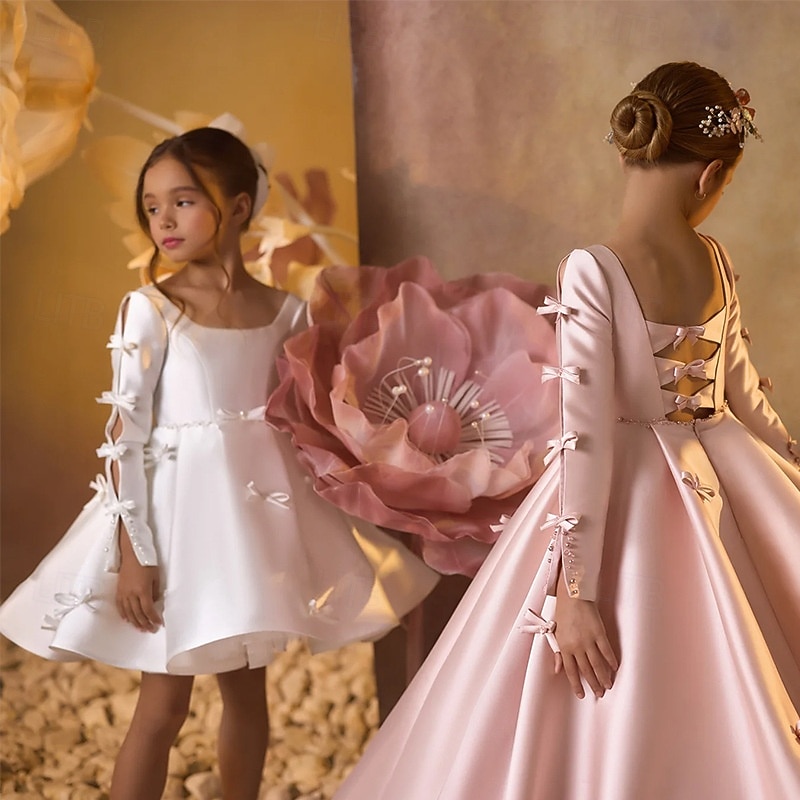 Kids Girls' Flower Girl Dress First Communion Dress Party Dress Solid Color Half Sleeve Performance Wedding Party Mesh Princess Sweet Mesh Mid-Calf Sheath Dress Tulle Dress Summer Spring Fall kids