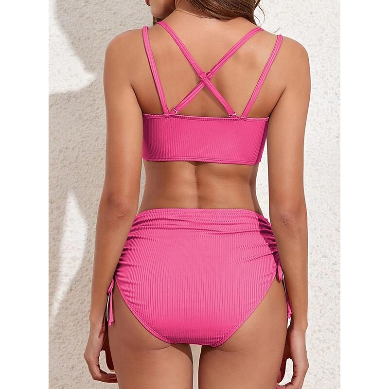 Women's Swimwear Bikini Cheeky Swimsuit Backless Patchwork Sexy Solid Color V Neck Sleeveless Bathing Suits2