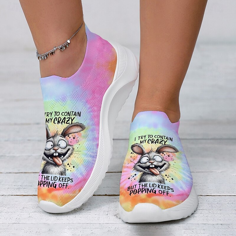 Women's Easter Bunny Tie-Dye Slip-On Sneakers - Lightweight Flyknit Athletic Shoes, Perfect for Casual Wear and Holiday Fun3