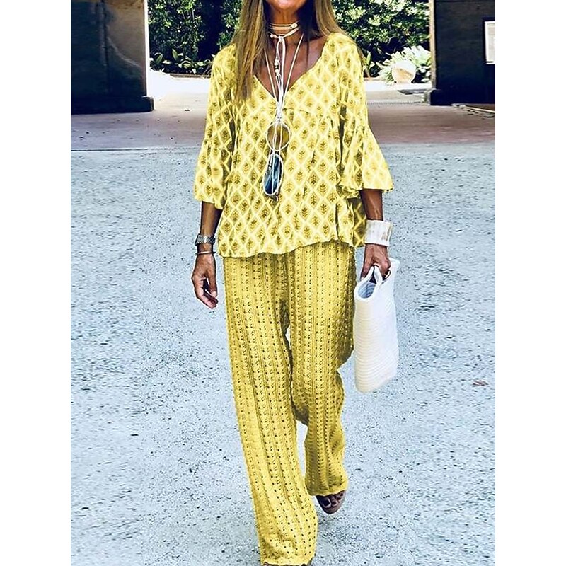 Women's Vacation Fashion T Shirt Trousers Long Sleeve Crew Neck Graphic Patchwork Outdoor Yellow Blue Purple Spring &  Fall Regular Fit3