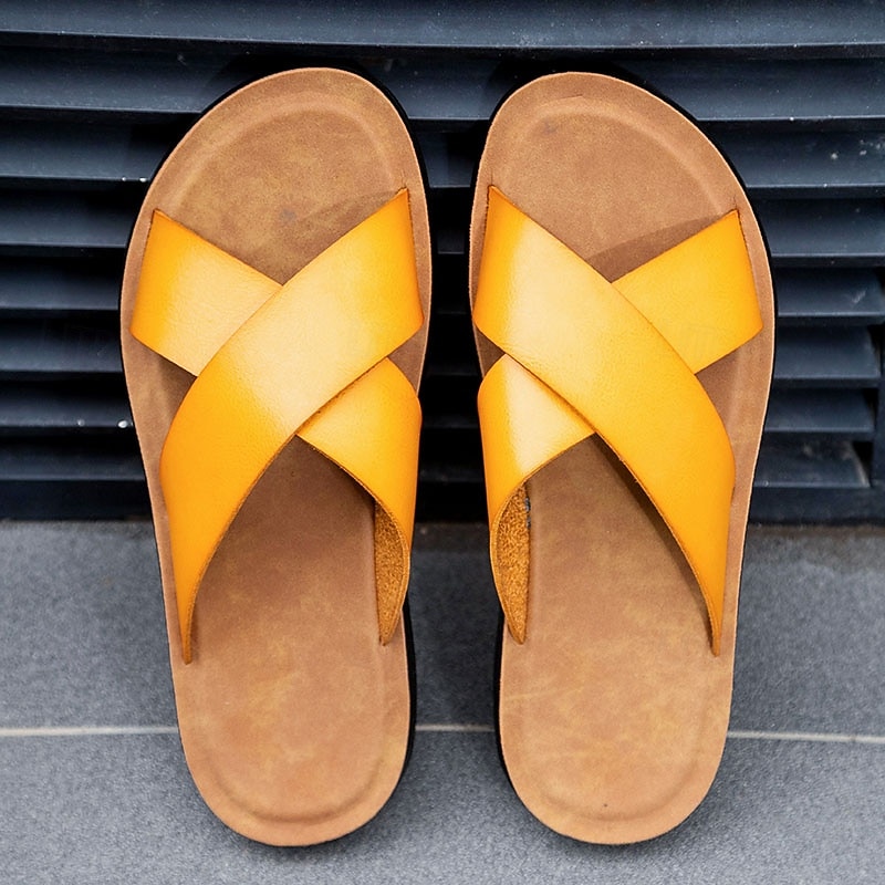 Men's Casual Cross-Strap Sandals, Comfortable Faux Leather Summer Slide Shoes for Outdoor and Beach Wear
