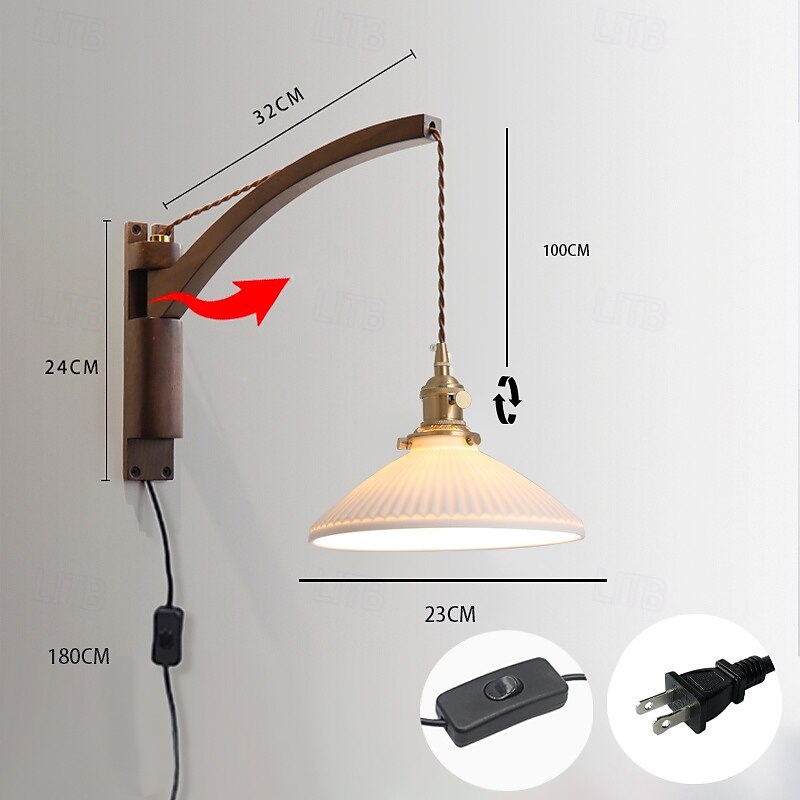 Bedside Wall Mount Wall Lamp Ceramic Lampshade LED Wall Lamp with Wood Lamp Hanger in Scandinavian Style Plug in Wall Light4