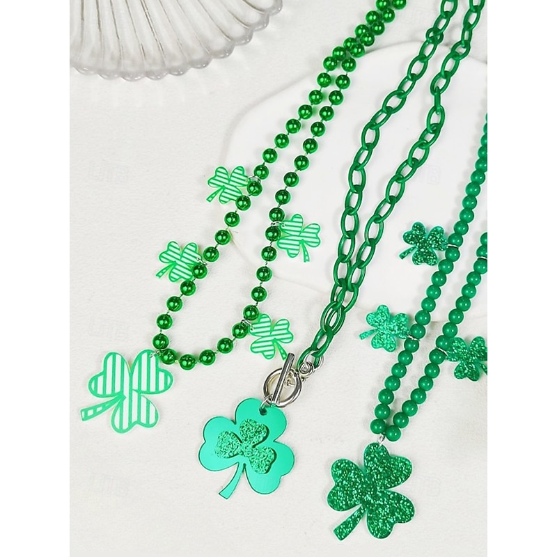 St. Patrick's Day Shamrock Necklace – Green Chain Link with Four-Leaf Clover Pendant, Festive Statement Jewelry for Women, Holiday and Party Accessory3