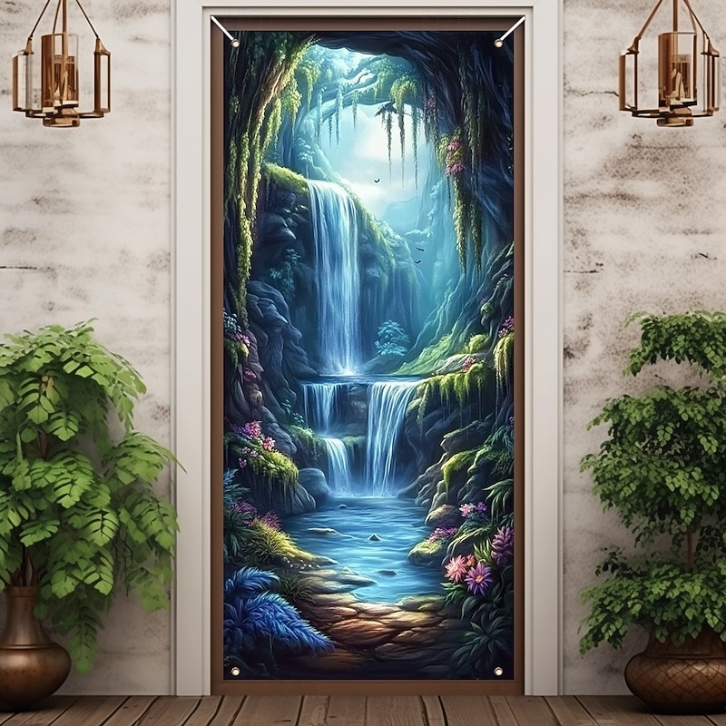 Door Decorations Door Covers Cave Waterfall Door Tapestry Door Curtain Decoration Backdrop Indoor/Outdoor Door Banner for Front Door Farmhouse