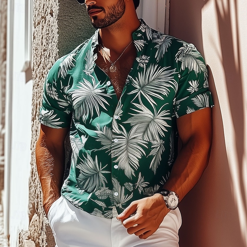 Men's Leaf Aloha Shirt Short Sleeve Hawaiian Vacation Summer Spring Turndown Button Up White Blue Green2