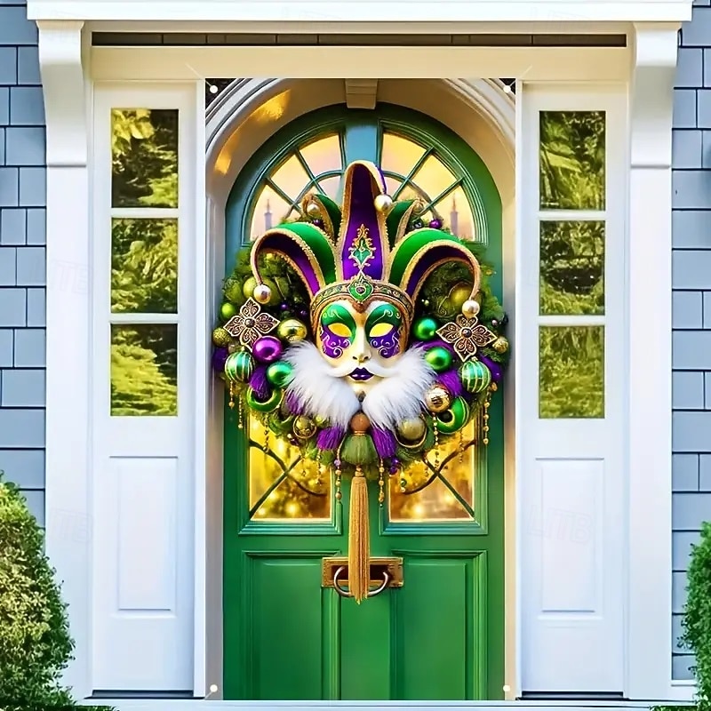 Carnival Mardi Gras Door Decorations Door Covers Mask Faux Wreath Door Tapestry Door Curtain Decoration Backdrop Indoor/Outdoor Door Banner for Front Door Farmhouse4