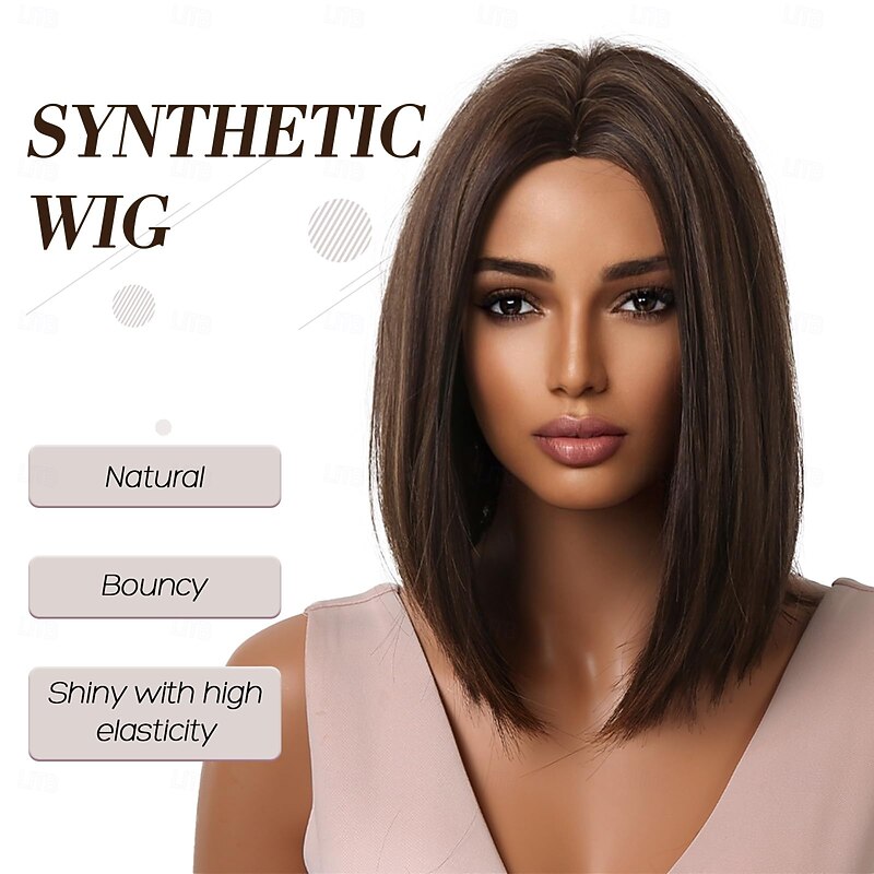Bob Wigs for Women,Brown Mid Length Wig with Highlights,Short Straight Bob Wig, Brown Middle Part Synthetic Wig3