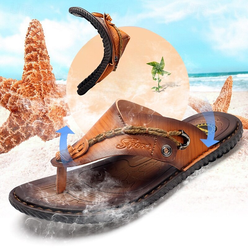 Men's Vintage Faux Leather Flip-Flops – Casual Summer Sandals with Braided Strap for Beach and Outdoor Wear2