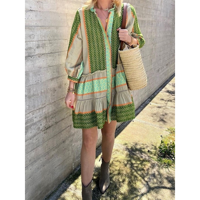 Women's Mini Dress Petite Dress Casual Dress Swing Dress Boho Dress Casual Daily Regular Fit Geometric Long Sleeve Turtleneck Green Summer Spring Fall4