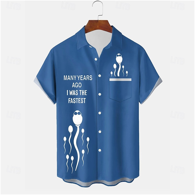 Men's Letter Casual Shirt Button Up Shirt Short Sleeve Casual Funny Daily Summer Spring Turndown Button Up Pocket Blue