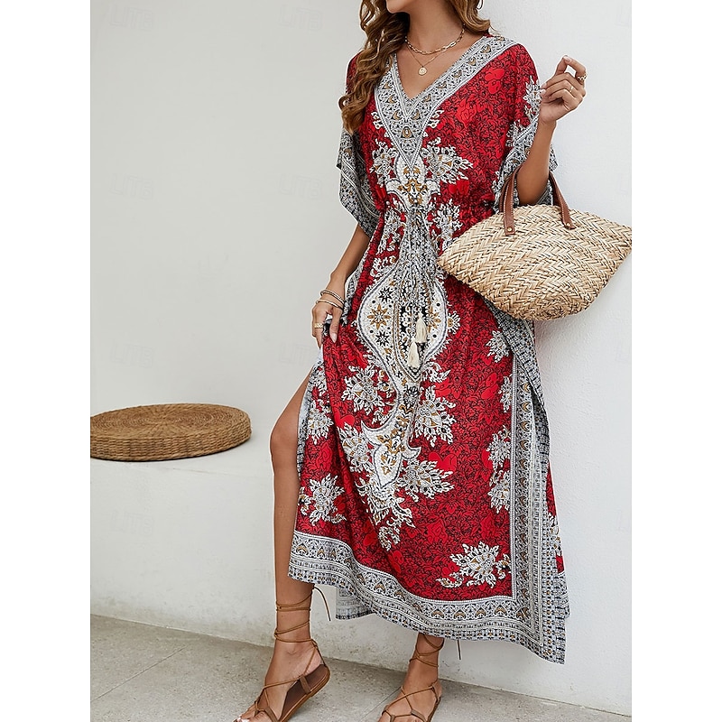 Women's Maxi Dress Casual Dress Boho Chic Dresses Boho Dress Bohemia Cute Stylish Vacation Daily Beach Loose Fit Graphic Short Sleeve V Neck Red Blue Summer Spring Fall2